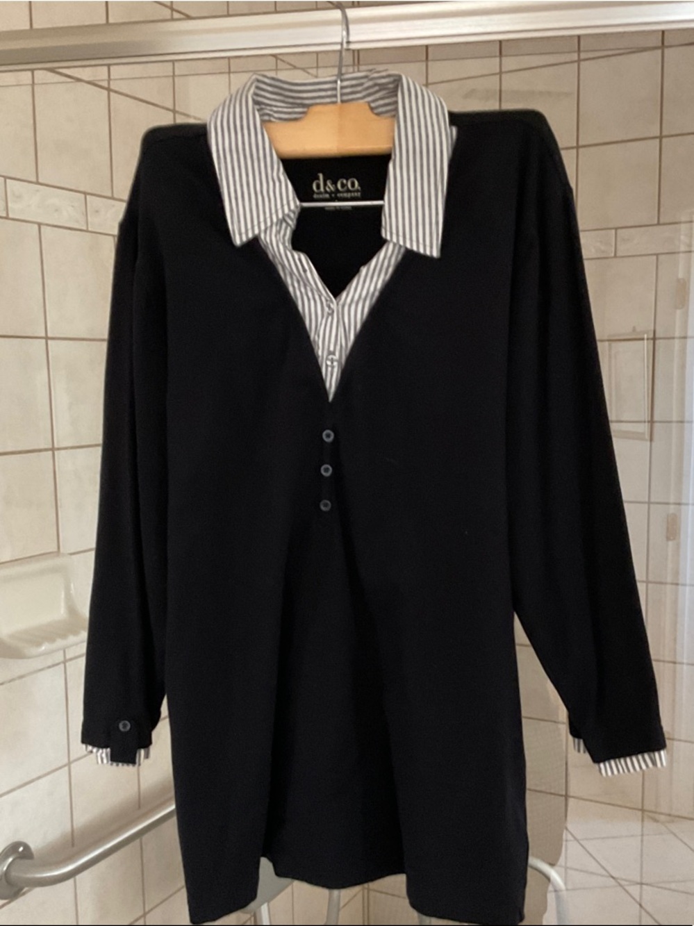 d&co. Black Long-Sleeve Polo Top with Striped Collar